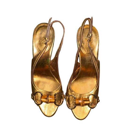 Gucci Golden Leather Horsebit Slingback Heels Bamboo Buckle Size 5.5B - Picture 1 of 9